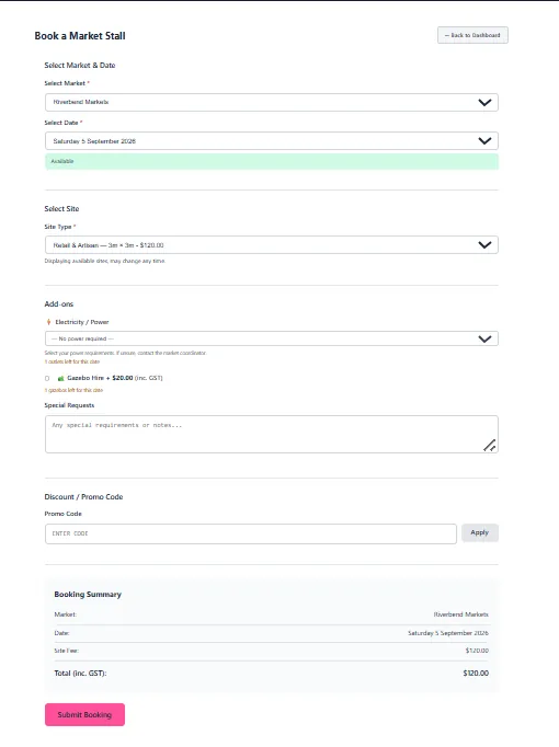The booking form with a market and date chosen, showing available spots, the site selector and a booking summary with the GST-inclusive total