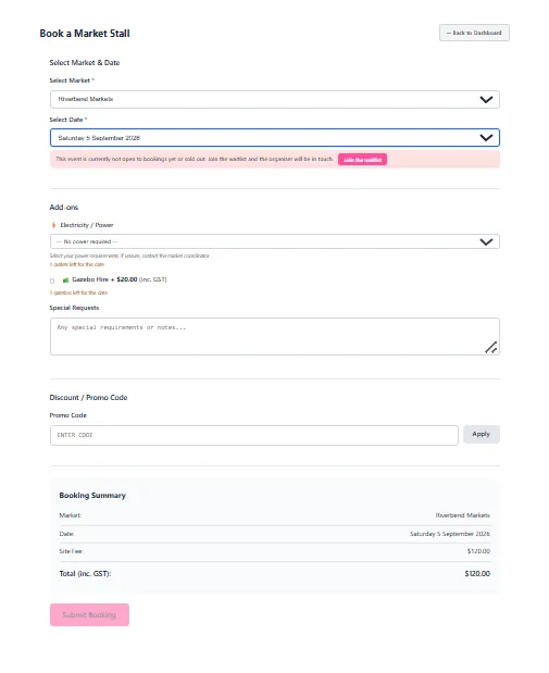 The booking form showing a pink notice that the event is sold out or not yet open, with a Join the waitlist button