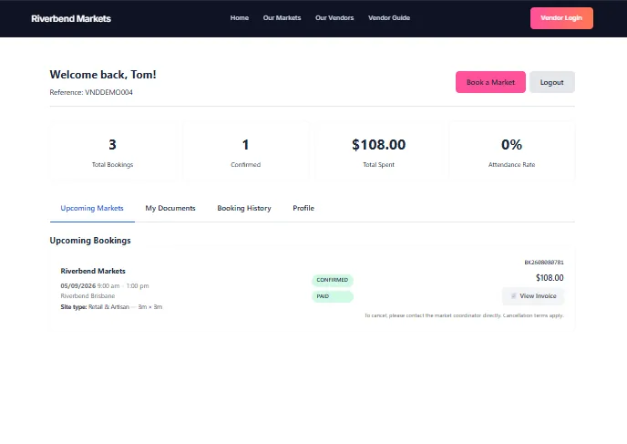 A booking shown as confirmed and paid, with its status tag, booking reference and a View Invoice button