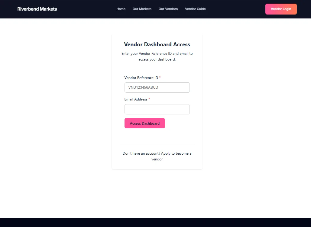 The Vendor Dashboard Access login screen with Vendor Reference ID and email address fields and an Access Dashboard button