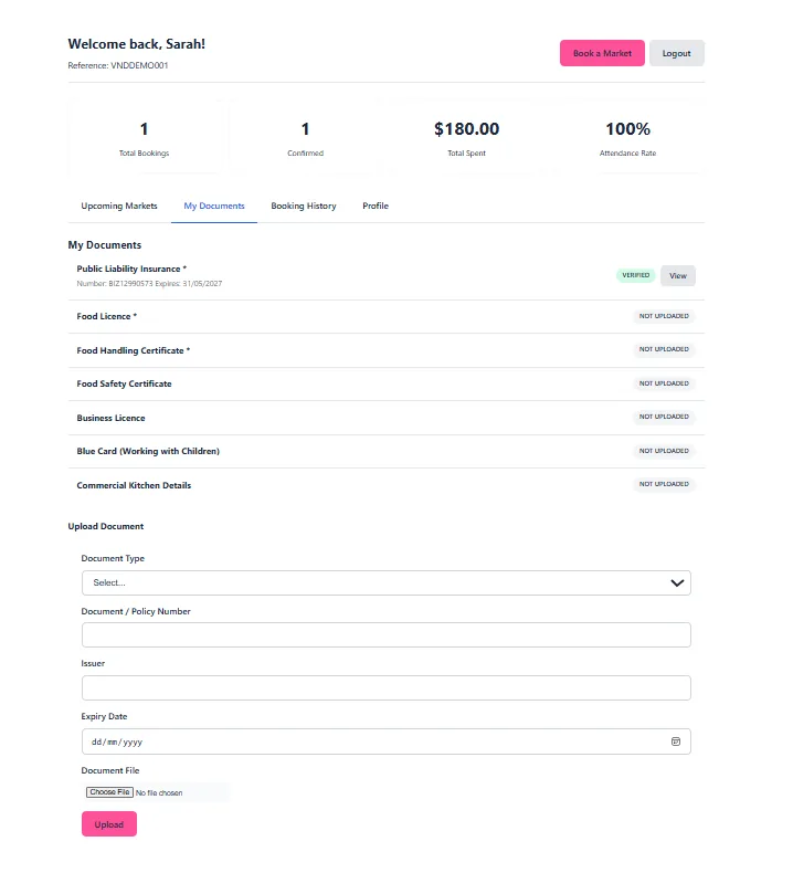 The My Documents tab listing document types with upload status, and the upload form with type, policy number, issuer, expiry date and file fields