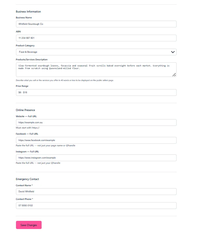 The lower half of the Profile tab showing products description, price range, online presence links, emergency contact and the Save Changes button