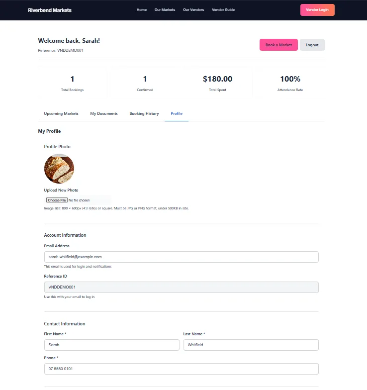 The top of the Profile tab showing profile photo upload, account information, contact details and business information fields