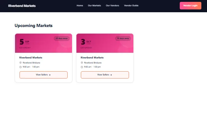 The public market website showing a grid of upcoming market cards, each with a date, location, trading hours and a View Sellers button