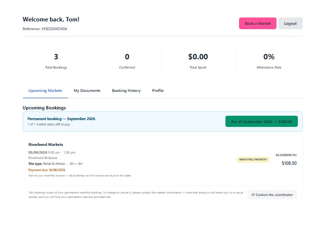 The Upcoming Markets tab showing a permanent monthly booking grouped under one banner with a Pay all button, and individual dates marked awaiting payment with amounts and due dates